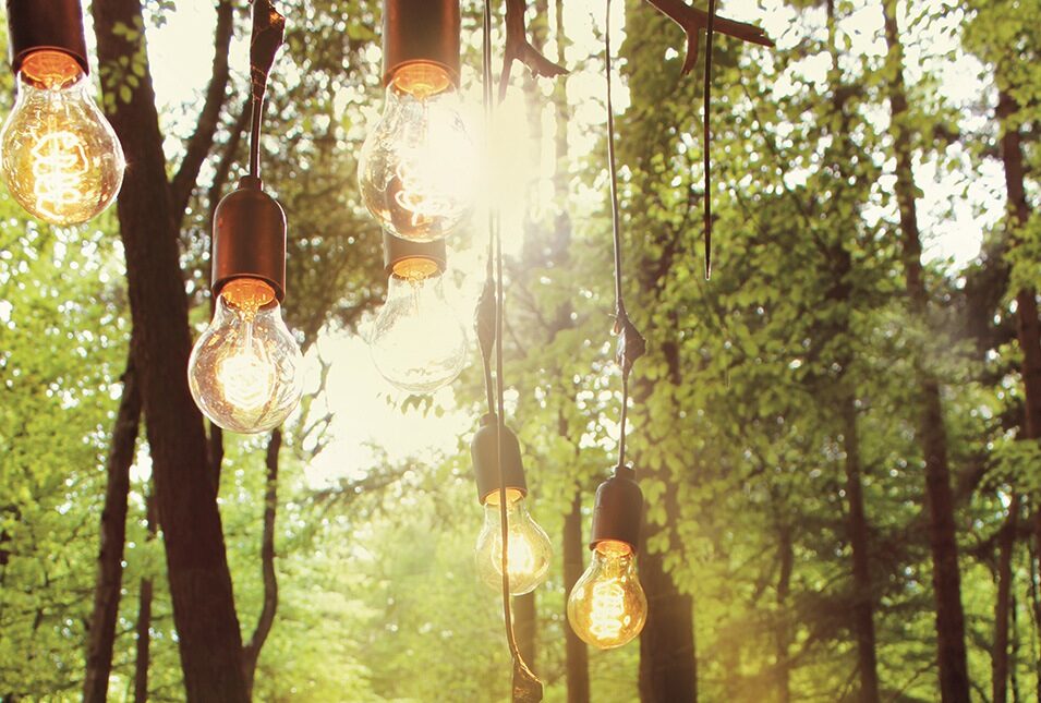 Hanging lights above an evening celebration
